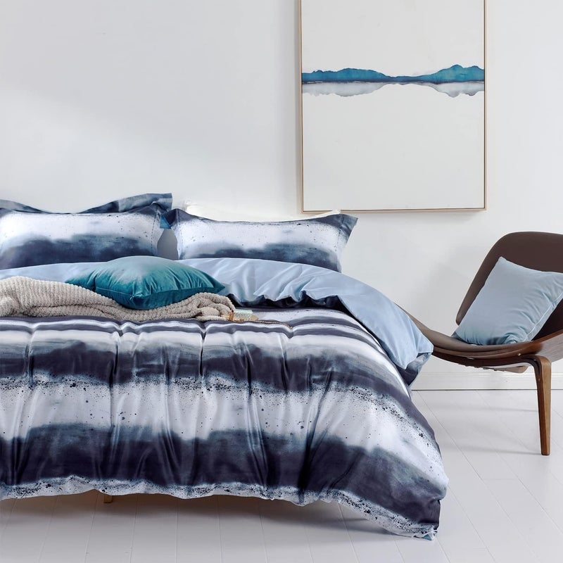 MILDLY 100% Long-Staple Cotton Duvet Cover Set Navy & White Striped Watercolor Pattern Printed Comforter Cover 3pcs, Ultra Soft & Breathable Bedding Set - Image 1